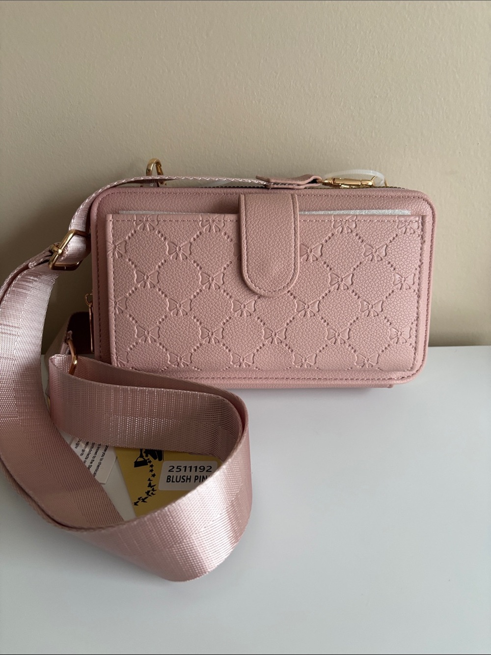 Blush Pink Textured Crossbody Wallet with Wide Strap